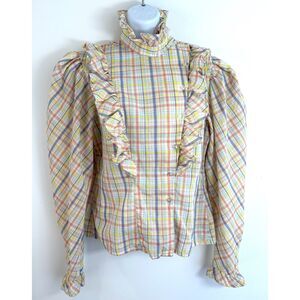 VTG Stitches Majorie de Martino Top Womens Multicolor Plaid Ruffle Trim
